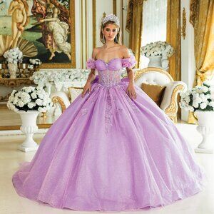 New Off Shoulder Ball Gown w/ Floral Lace Embroidery & Layered Skirt DQ 1985